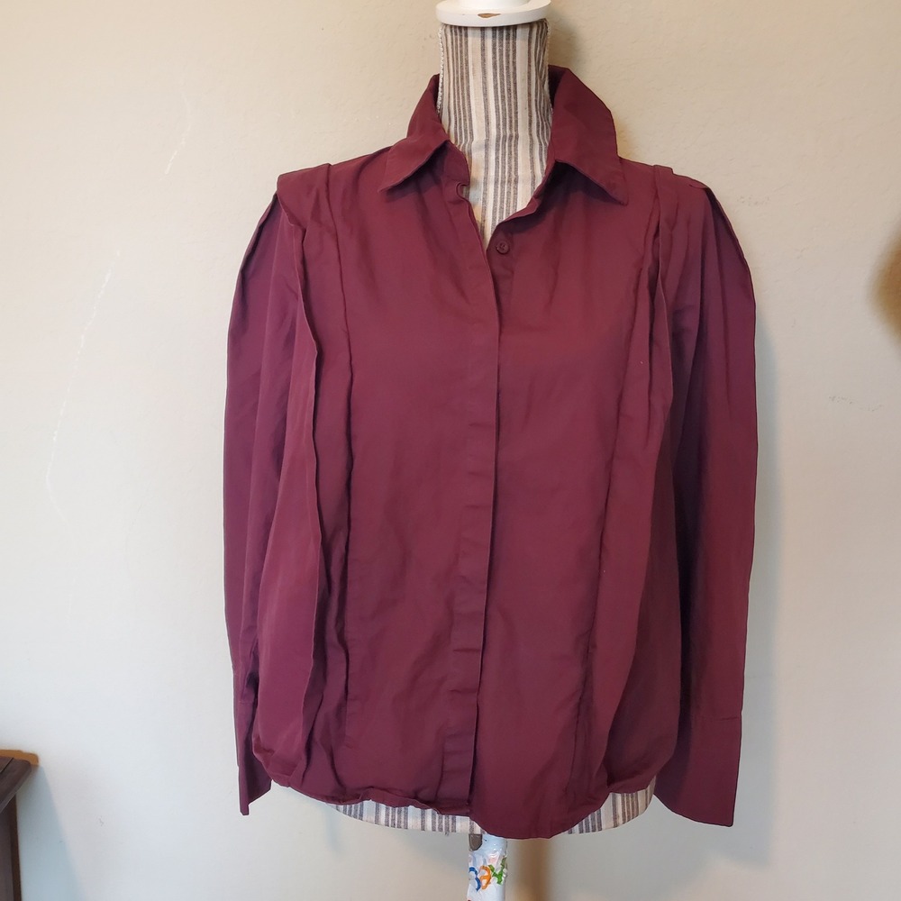 Commense Burgundy Pleated Cotton Button Down Shirt‎ Womens Med Long Sleeve Wine